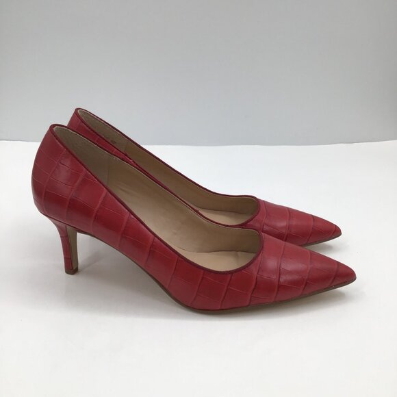 Women's 8M Franco Sarto Tudor 2 Red Leather Pumps 2.5" Heels Croc Pointy Toe - Picture 6 of 14